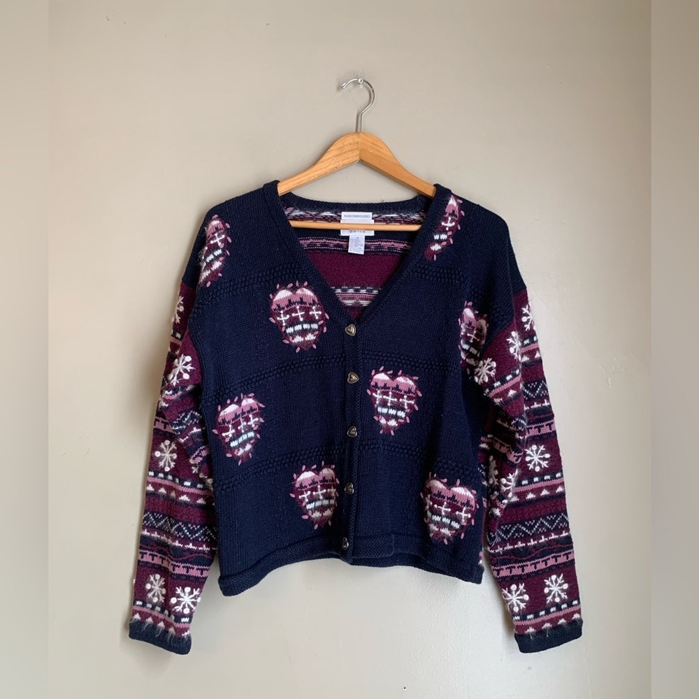 Christopher & Banks Cardigan Sweater Blue Purple Hearts Hand Embroidered Grandma